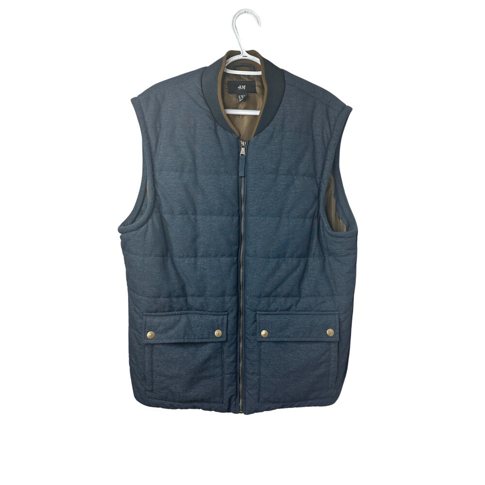 H&M Full Zip Puffer Vest Men's 46R Blue Sleeveless Lined Flap Pockets